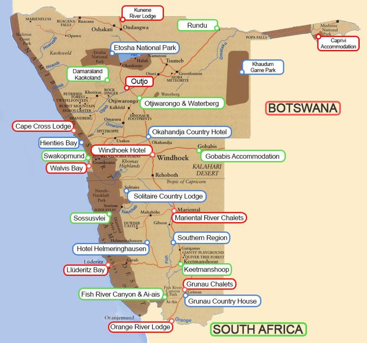 Mapa ng Namibia lodges